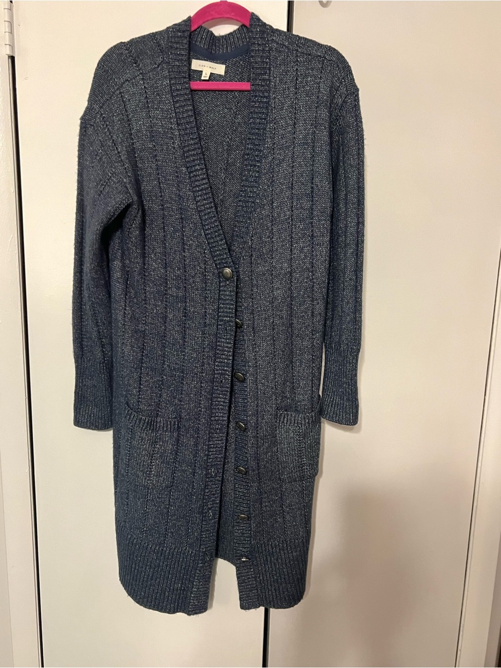 cleo Navy Speckled Ribbed Button-Up Long Cardigan - Picture 3 of 7